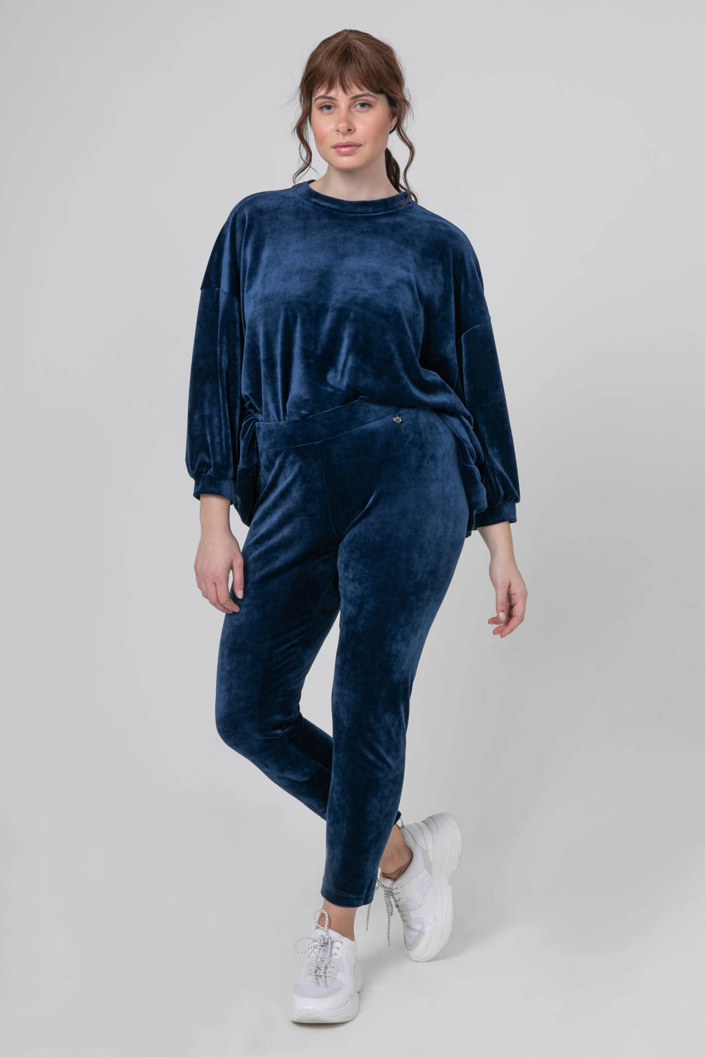 Donkerblauwe dames Mat Fashion fluwelen skinny broek met regular waist en elastische tailleband
