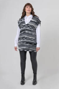 Zwart, grijs en witte dames Mat Fashion gemêleerde grofgebreide spencer van wol met kapmouwtjes, V-hals en geribde boorden