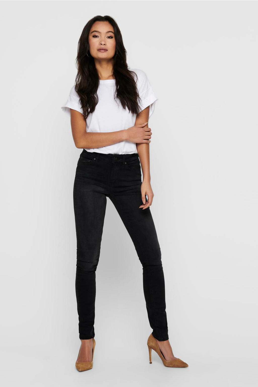 Zwarte dames ONLY skinny jeans black van stretchdenim met regular waist en rits- en knoopsluiting