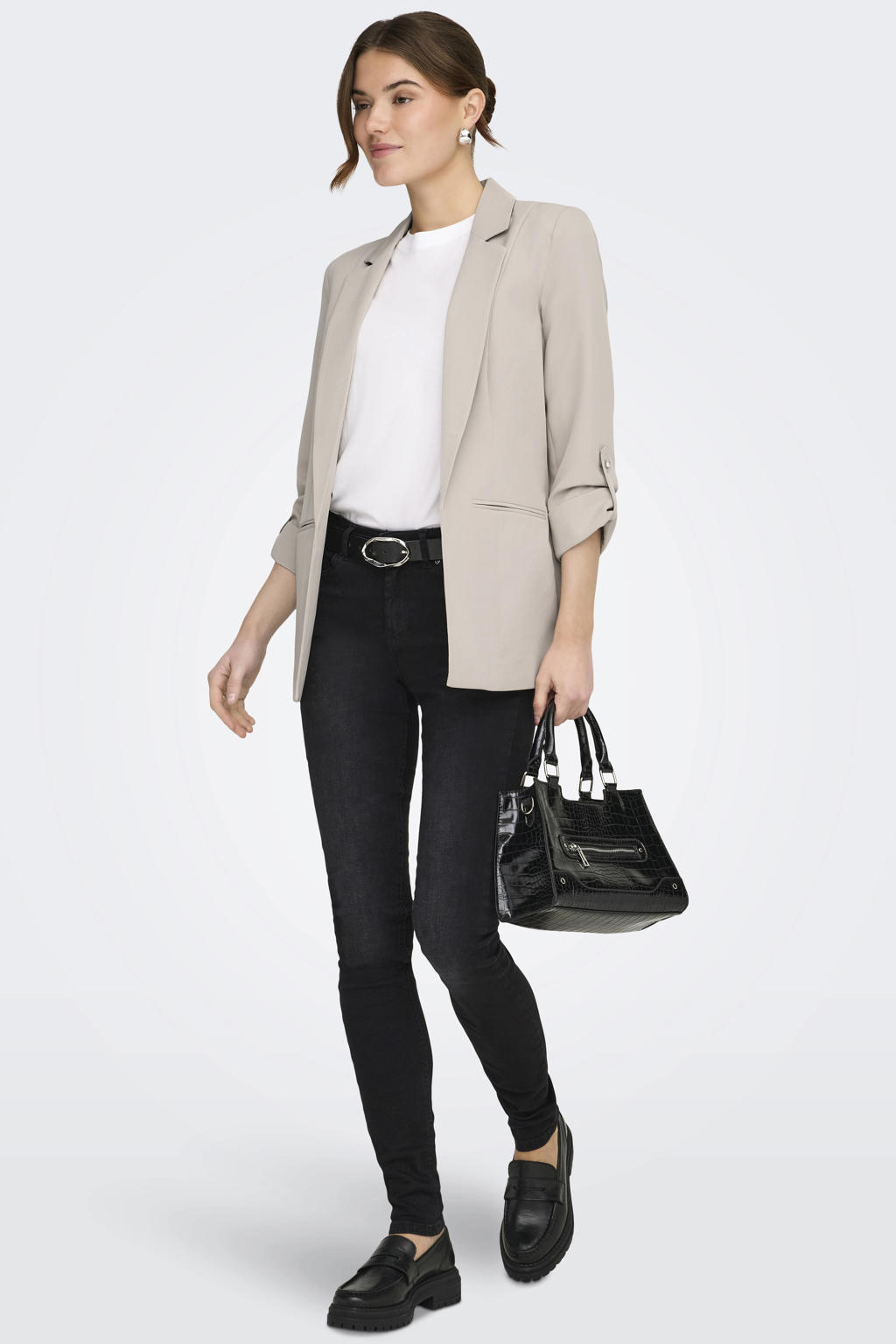 Zwarte dames ONLY skinny jeans black van stretchdenim met regular waist, rits- en knoopsluiting en effen
