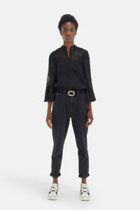 Zwarte dames Shoeby Eksept semi-transparante blouse Jolie van polyester met lange mouwen, opstaande kraag, knoopsluiting en ballonmouwen