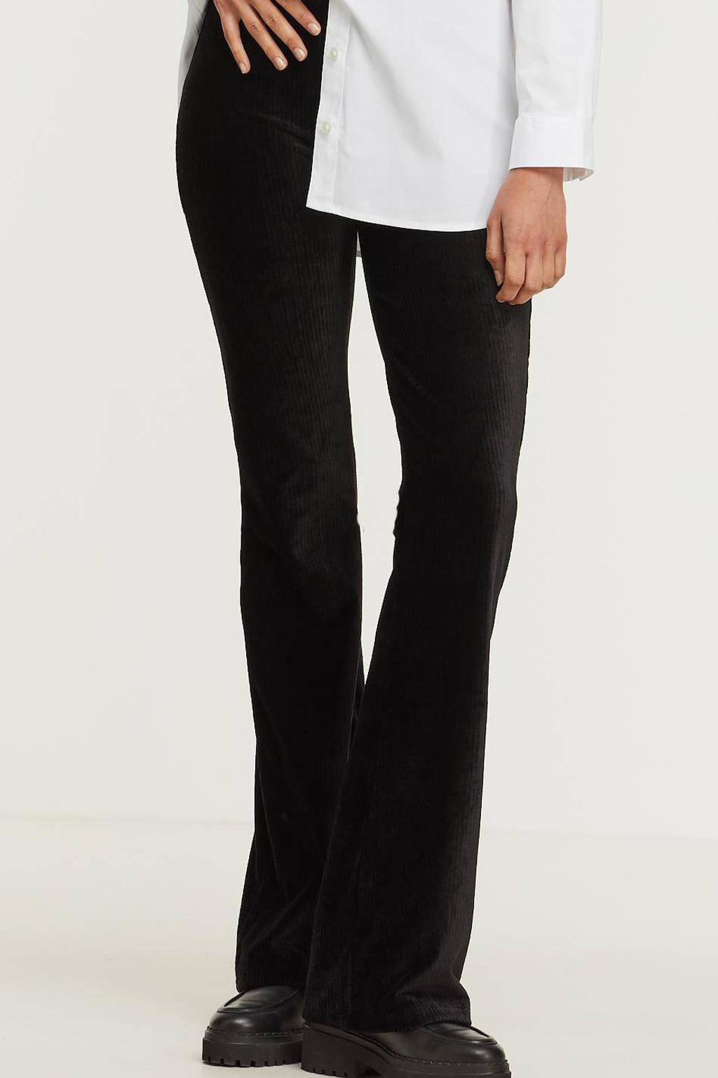 Zwarte dames anytime velvet rib flared broek van polyester met regular waist en elastische tailleband