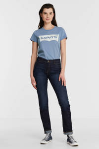 Donkerblauwe dames edc Women straight fit jeans van duurzaam stretchdenim met regular waist en rits- en knoopsluiting