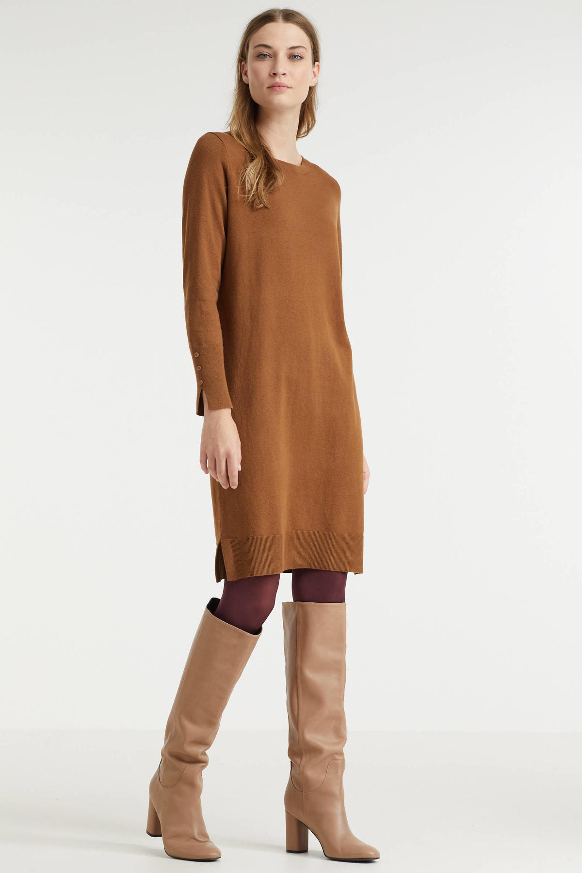 Women Casual fijngebreide jurk met biologisch katoen bruin | wehkamp
