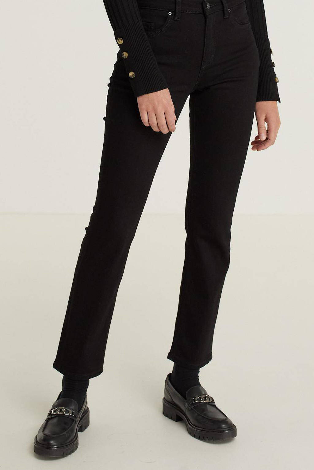 Zwarte dames ESPRIT Women Casual straight fit jeans katoen van duurzaam stretchdenim met regular waist en rits- en knoopsluiting