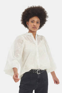 Ecru dames Shoeby Eksept blouse Jolie van polyester met lange mouwen, opstaande kraag, knoopsluiting en ballonmouwen