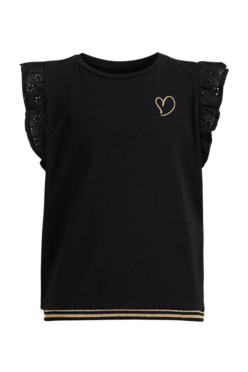 Zwarte meisjes WE Fashion T-shirt van stretchkatoen met korte mouwen, ronde hals en broderie