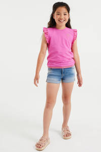 Roze meisjes WE Fashion T-shirt van stretchkatoen met kapmouwtjes, ronde hals en broderie