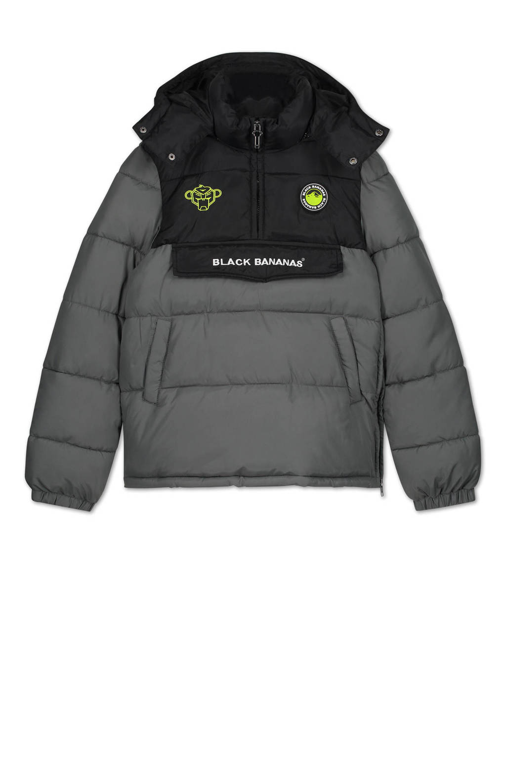 Grijze jongens en meisjes BLACK BANANAS gewatteerde unisex winterjas van nylon met logo dessin, lange mouwen, capuchon en ritssluiting