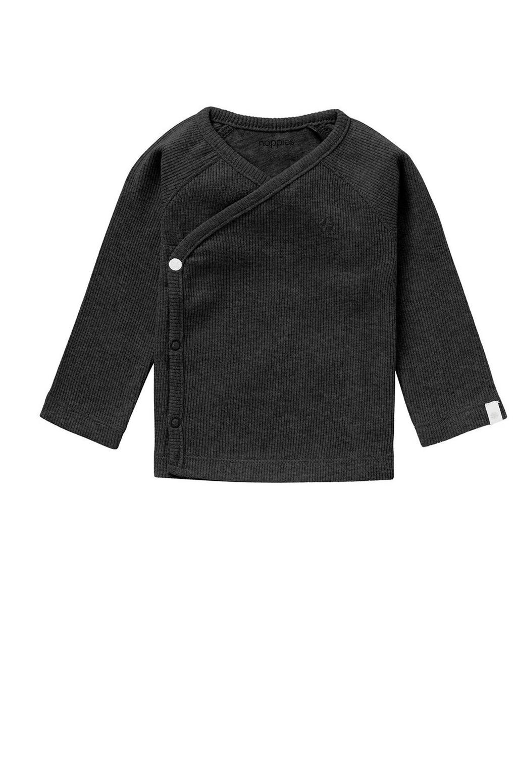 Antraciete jongens en meisjes Noppies baby ribgebreide longsleeve Nanyuki melange van katoen met effen, lange mouwen, V-hals en drukknoopsluiting