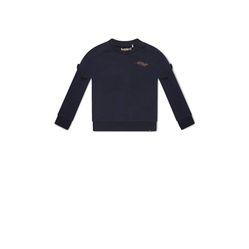 Donkerblauwe meisjes Koko Noko sweater Nova van stretchkatoen met effen, lange mouwen, ronde hals en geribde boorden