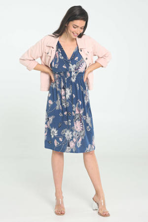 jurk met all over print en plooien blauw/roze/ecru