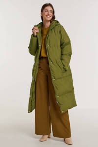 Olijfgroene dames Minimum gewatteerde jas Flawola van gerecycled polyester met lange mouwen, capuchon, rits- en drukknoopsluiting en doorgestikte details