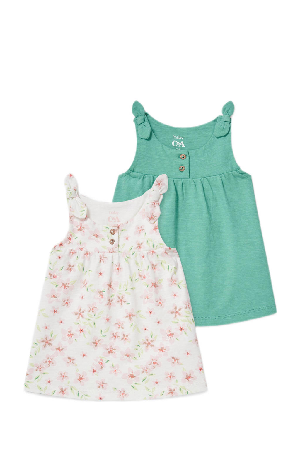 Set van 2 groen, ecru en roze meisjes C&A Baby Club topje- van biologisch katoen met all over print, ronde hals, knoopsluiting en knoopdetail