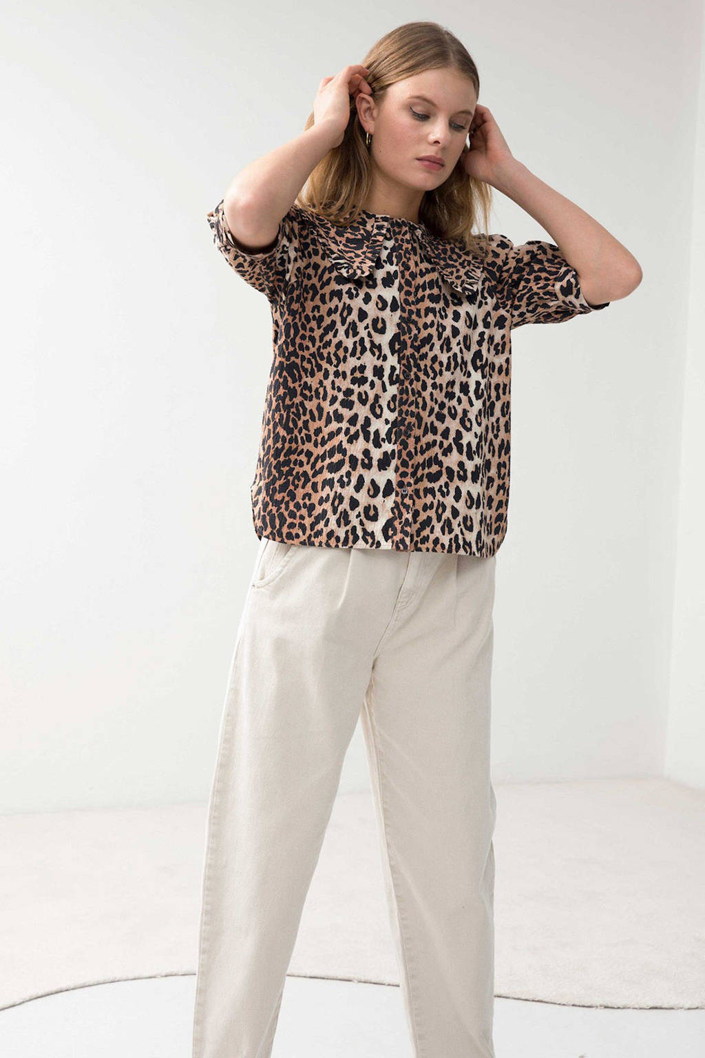 Catwalk Junkie blouse Wild Leopard met panterprint en ruches bruin/ zwart, Bruin/ zwart