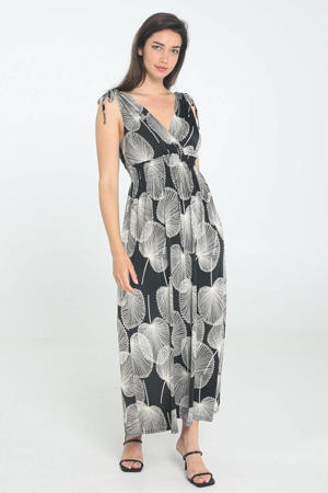 maxi jurk met bladprint en plooien zwart/ecru