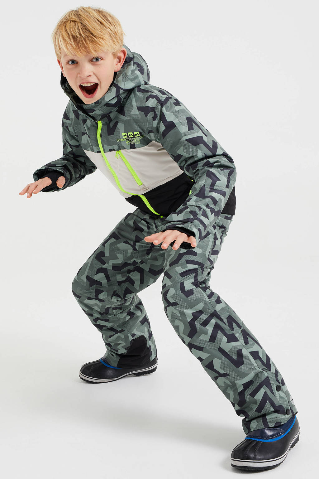 Groen, wit en zwarte jongens WE Fashion Alphard ski-jack van polyester met all over print en ritssluiting