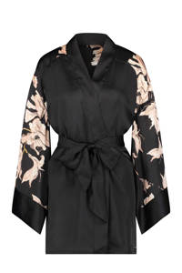 Hunkemöller Noir satijnlook kimono Bloom zwart/roze