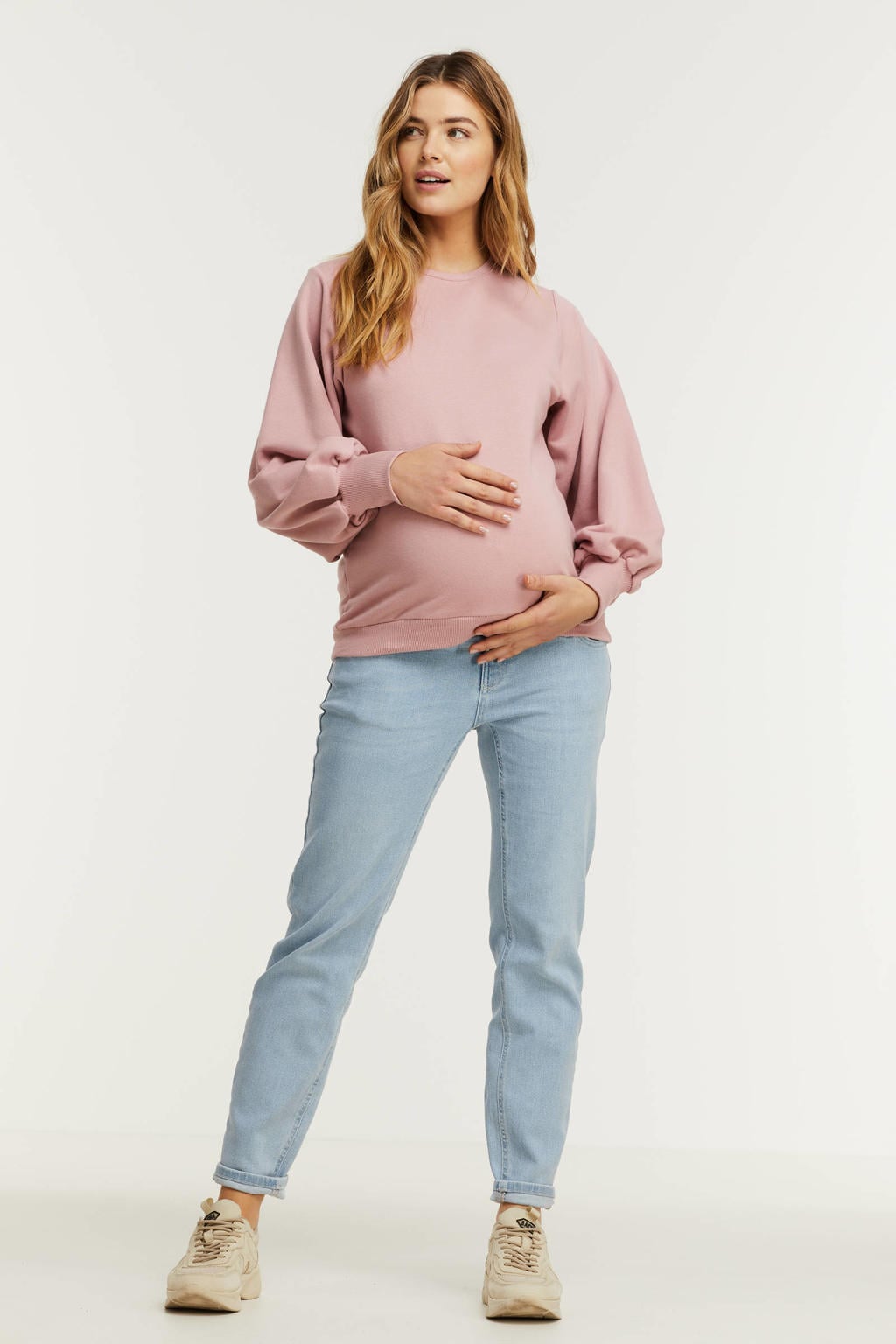 Blauwe dames LOVE2WAIT mom zwangerschapsjeans Norah van katoen met regular waist, knoopsluiting en effen