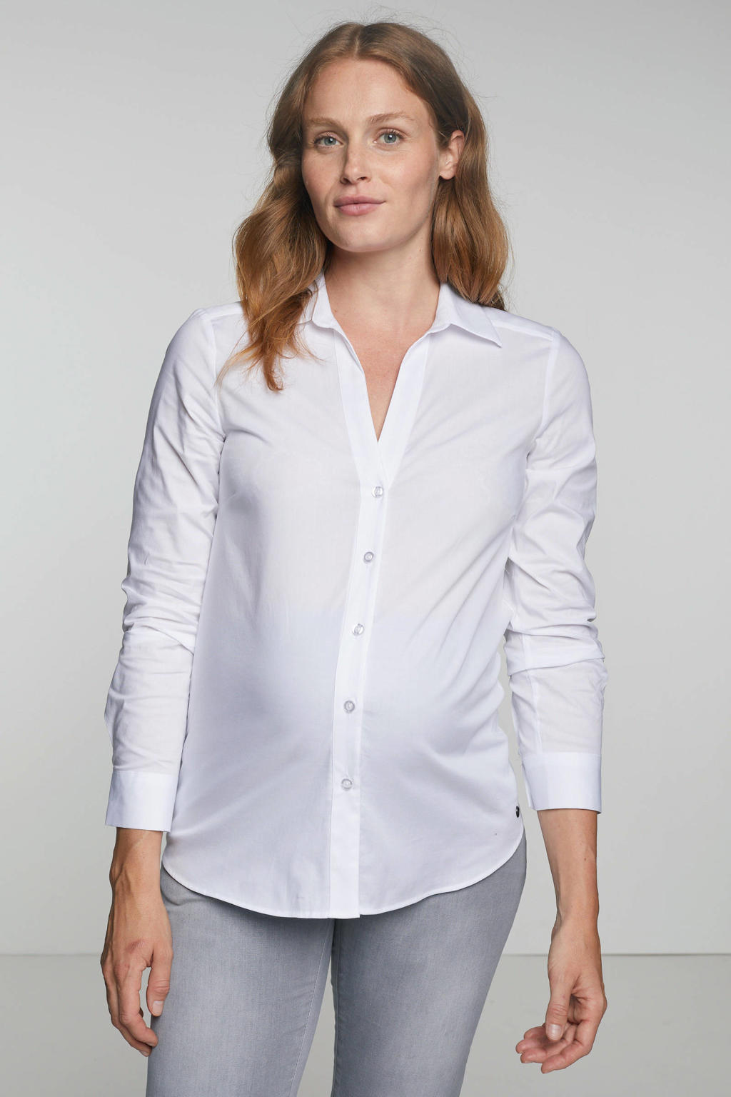 Witte dames LOVE2WAIT zwangerschapsblouse van stretchkatoen met effen, lange mouwen, V-hals en knoopsluiting