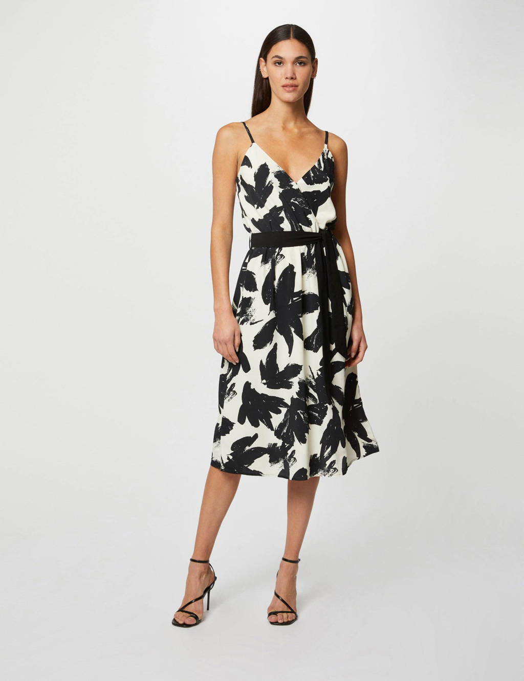 Morgan jurk met all over print en ceintuur ecru/zwart, Ecru/zwart