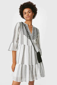 Wit en zwarte dames C&A Yessica A-lijn jurk van biologisch katoen met all over print, driekwart mouwen en V-hals