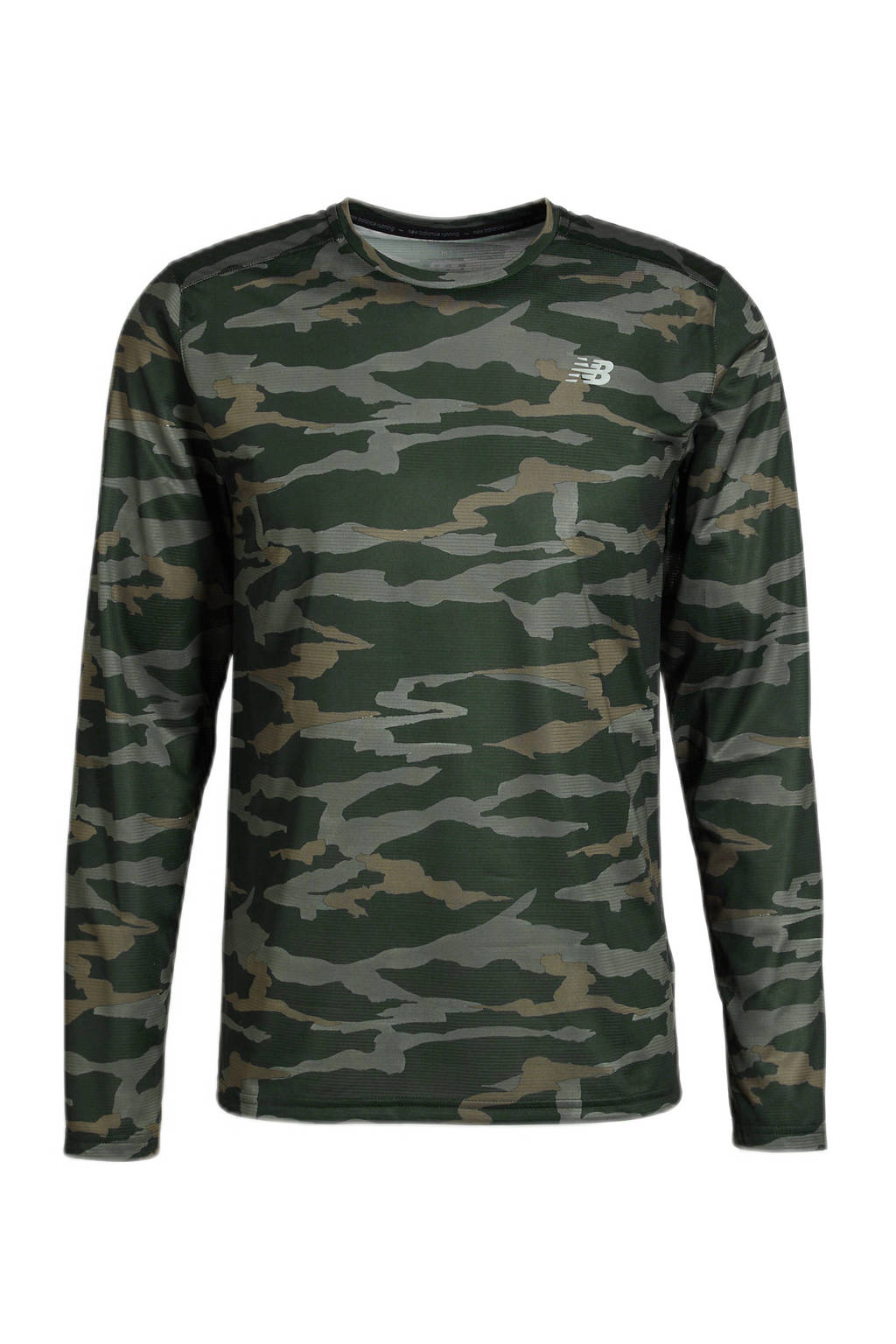 Groene heren New Balance hardloopshirt Accelerate van gerecycled polyester met camouflageprint, lange mouwen en ronde hals