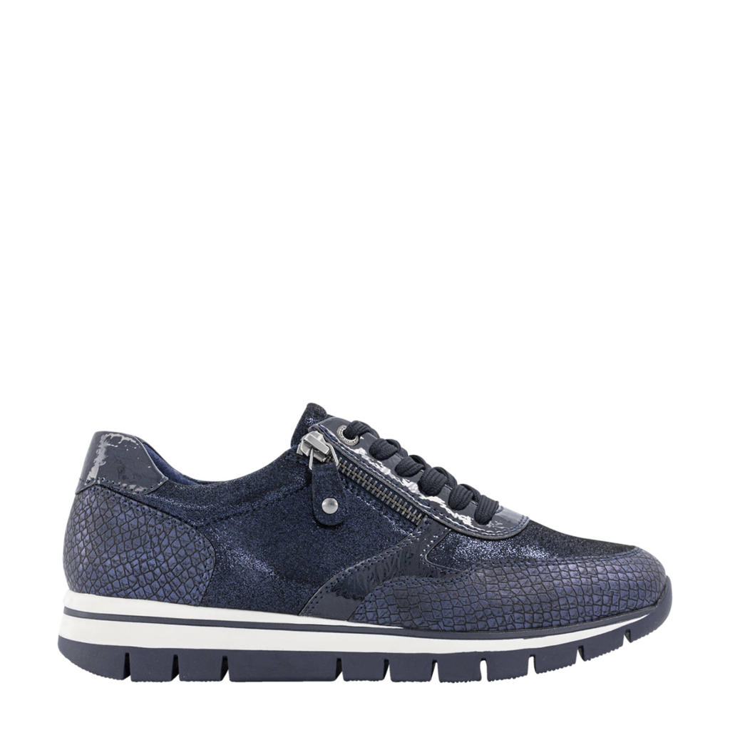 Blauwe dames Medicus comfort leren sneakers met rits- en vetersluiting en effen