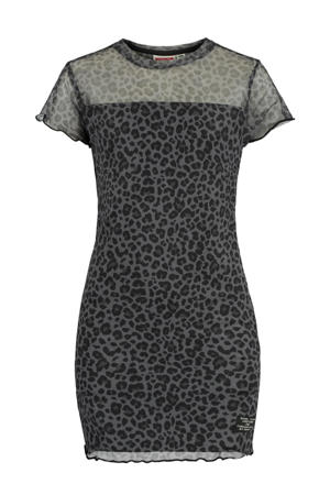 semi-transparante jurk Dawn met panterprint antraciet/zwart