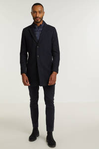 Donkerblauwe heren Vanguard geruite jas van polyester met lange mouwen, reverskraag en knoopsluiting