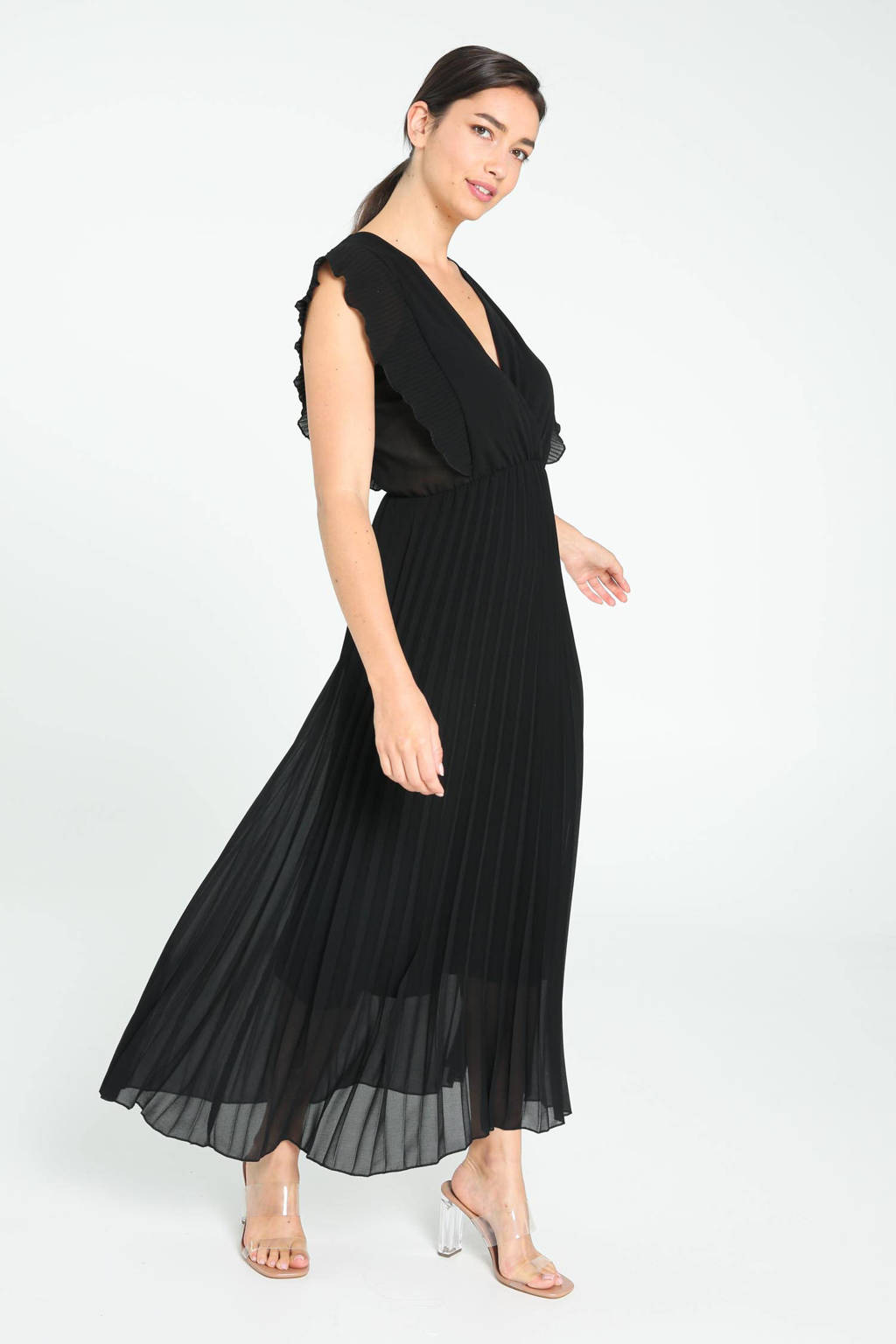 Cassis semi-transparante maxi jurk met volant zwart, Zwart