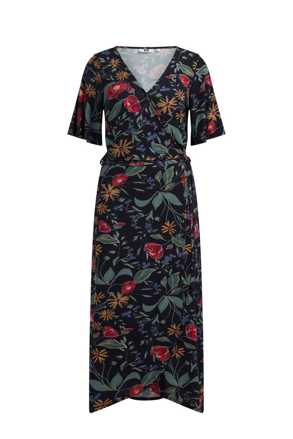 WE Fashion gebloemde overslagjurk zwart/groen/geel/rood/blauw, Zwart/groen/geel/rood/blauw