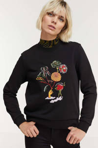 Zwarte dames Scotch & Soda sweater en borduursels met printopdruk, lange mouwen en ronde hals