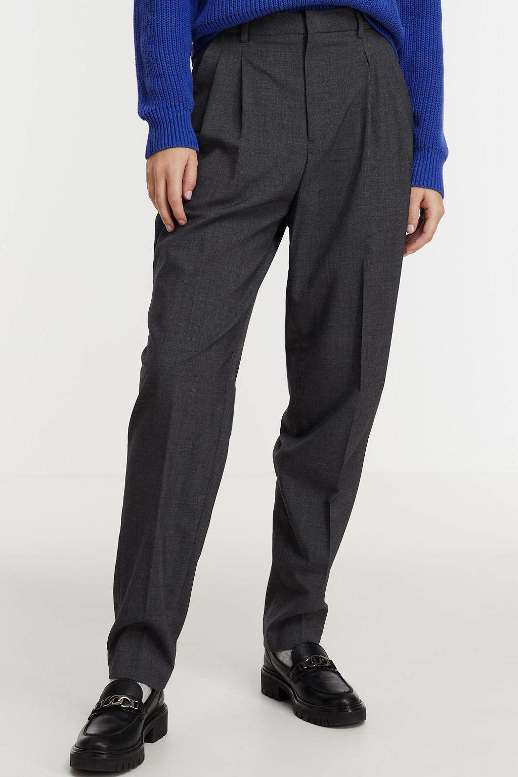 Grijze dames Scotch & Soda gemêleerde high waist tapered fit pantalon van polyester met rits- en haaksluiting