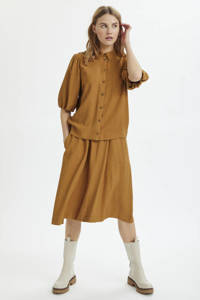 Bruine dames Saint Tropez blouse IngridSZ van viscose met half lange mouwen, klassieke kraag, knoopsluiting en pofmouwen