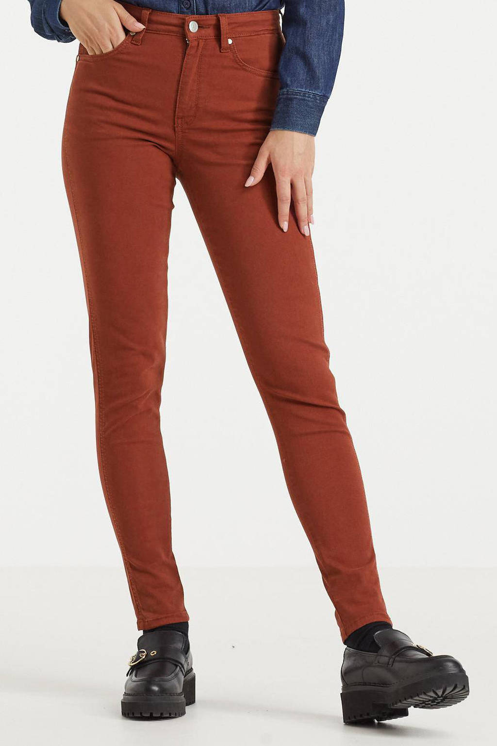 Roodbruine dames anytime slim fit jeans van viscose met regular waist