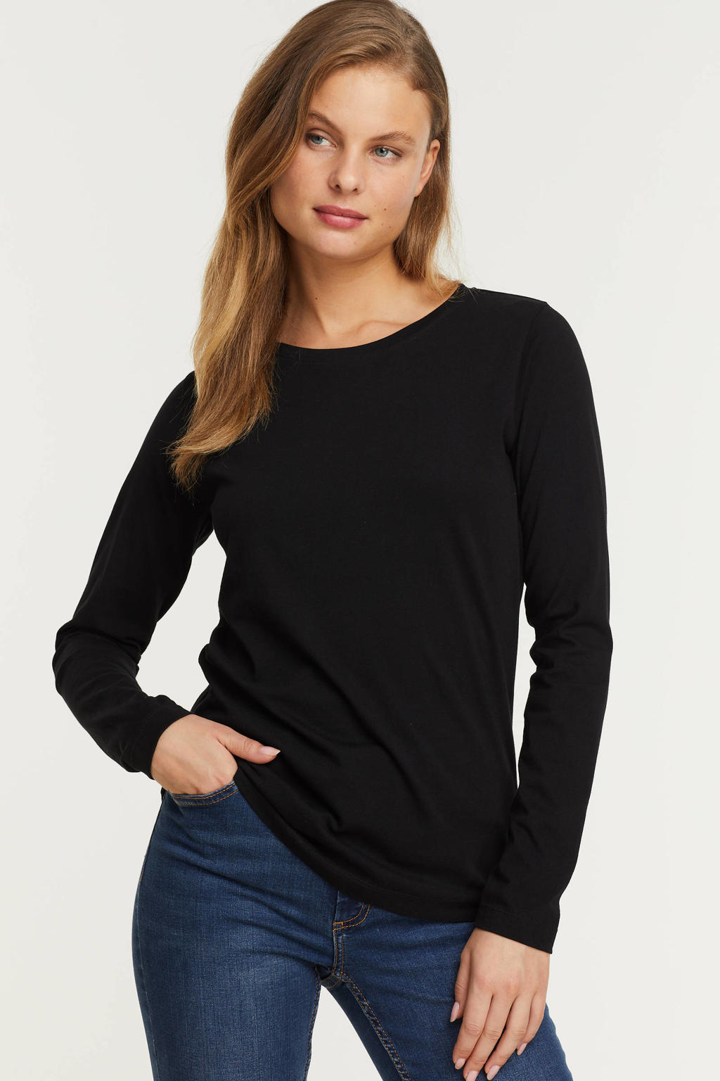 Zwarte dames anytime longsleeve T-shirt van katoen met effen, lange mouwen en ronde hals