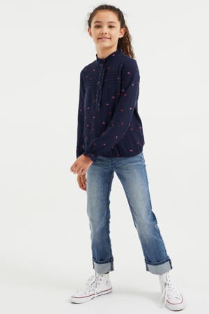 blouse met all over print en ruches donkerblauw/rood