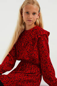 WE Fashion jurk met dierenprint en ruches rood, Rood/zwart