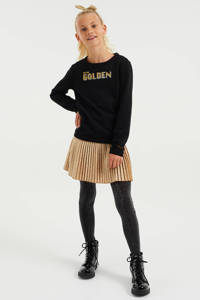 Zwarte meisjes WE Fashion sweater van stretchkatoen met tekst print, lange mouwen, ronde hals en geribde boorden