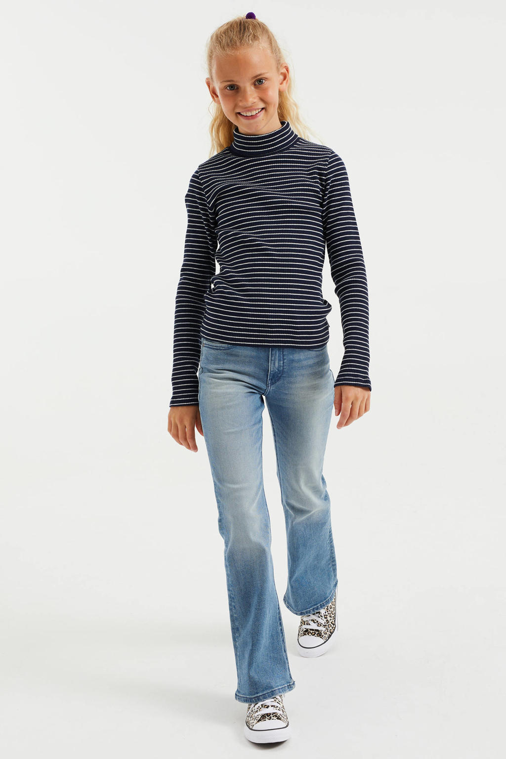 Blauwe meisjes WE Fashion gestreepte top van katoen met lange mouwen en col