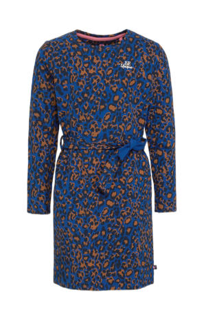 jurk met panterprint en ceintuur blauw/oranje