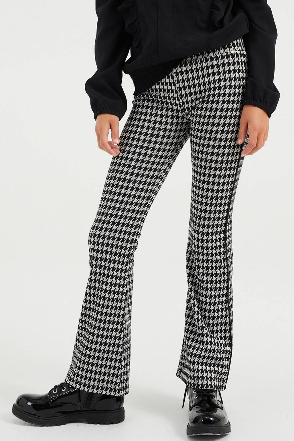 WE Fashion flared broek met pied-de-poule zwart/grijs, Zwart/grijs