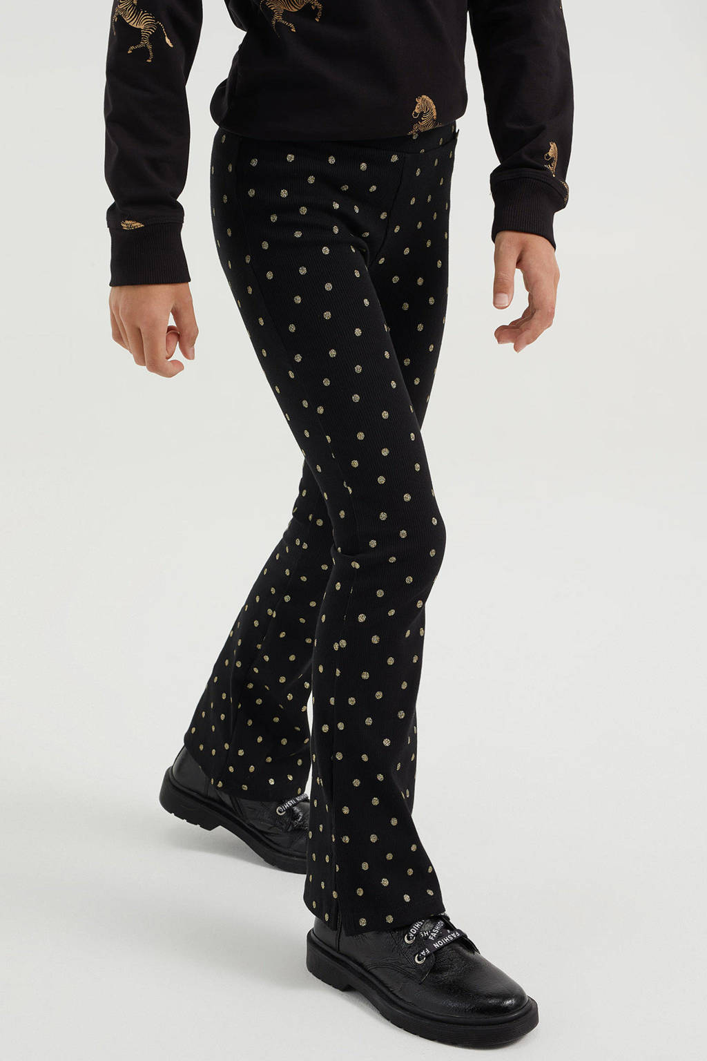 draaipunt Vermeend bladerdeeg WE Fashion flared broek met stippen zwart/goud | wehkamp