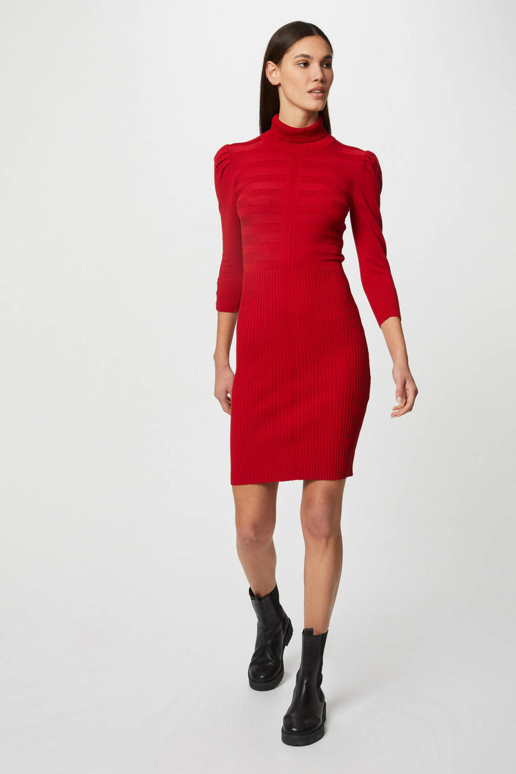 Rode dames Morgan ribgebreide jurk van viscose met effen, driekwart mouwen, col en plooien