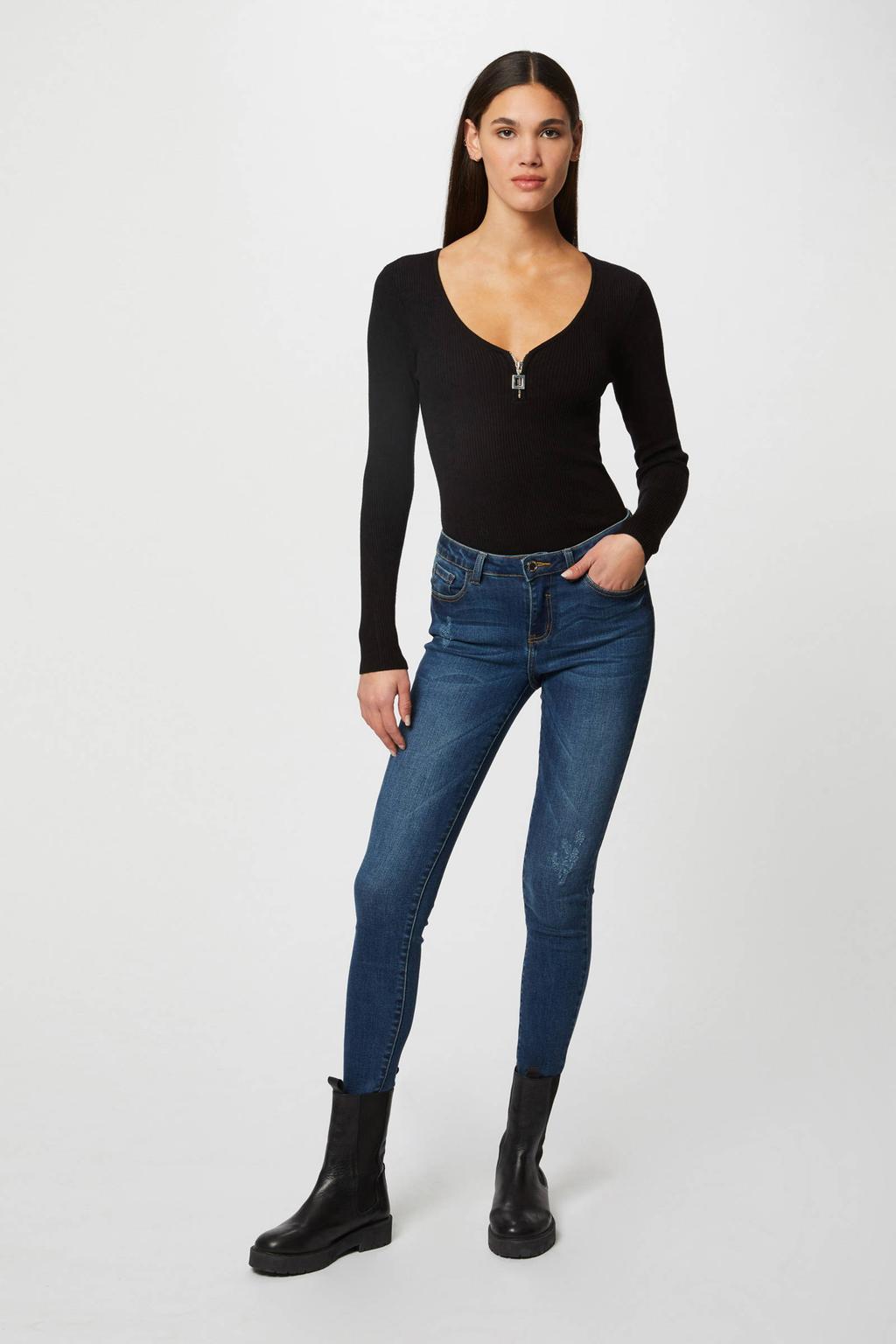 Zwarte dames Morgan ribgebreide top van viscose met effen, lange mouwen, V-hals en ritssluiting