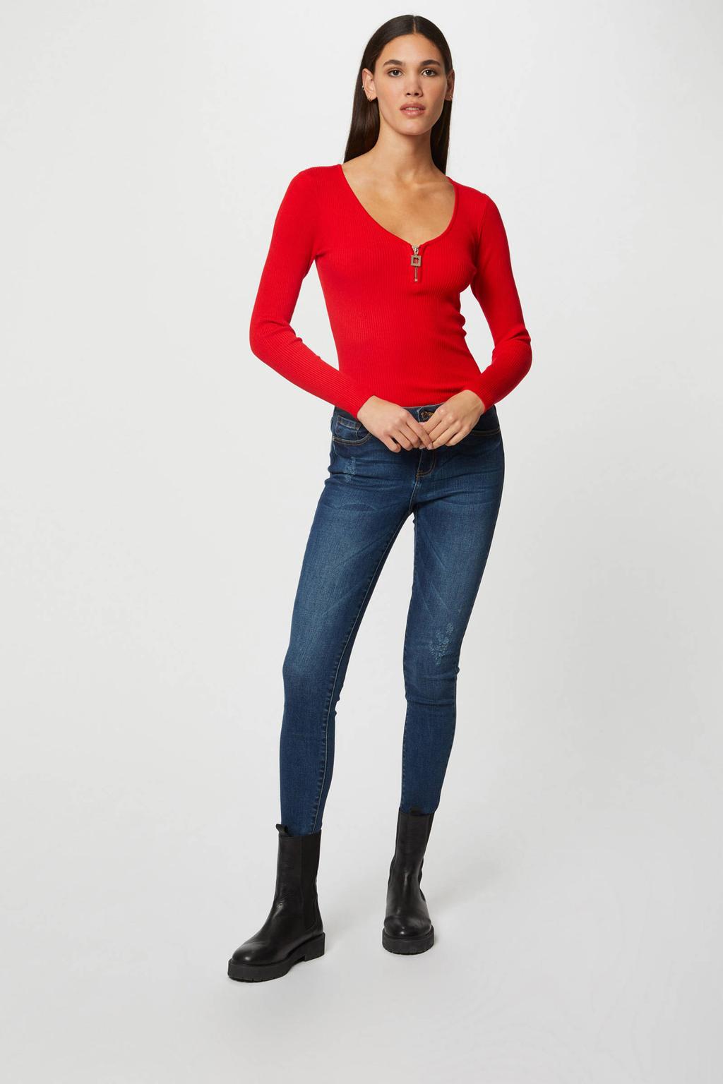 Rode dames Morgan ribgebreide top van viscose met effen, lange mouwen, V-hals en ritssluiting
