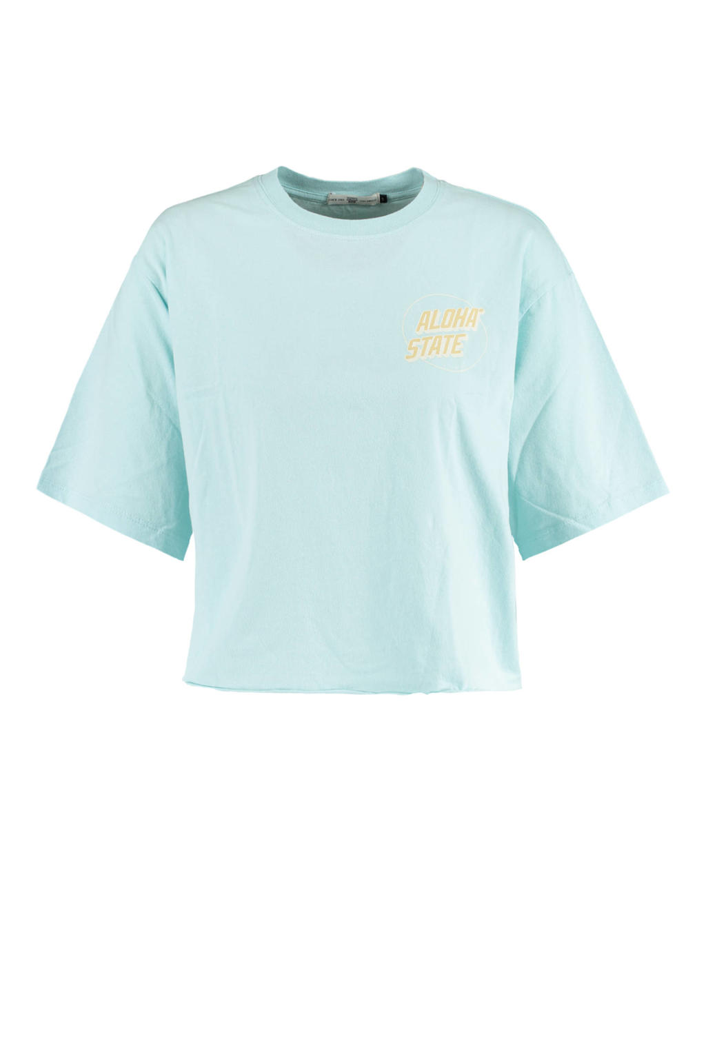 Lichtblauwe dames America Today T-shirt van katoen met tekst print, korte mouwen en ronde hals