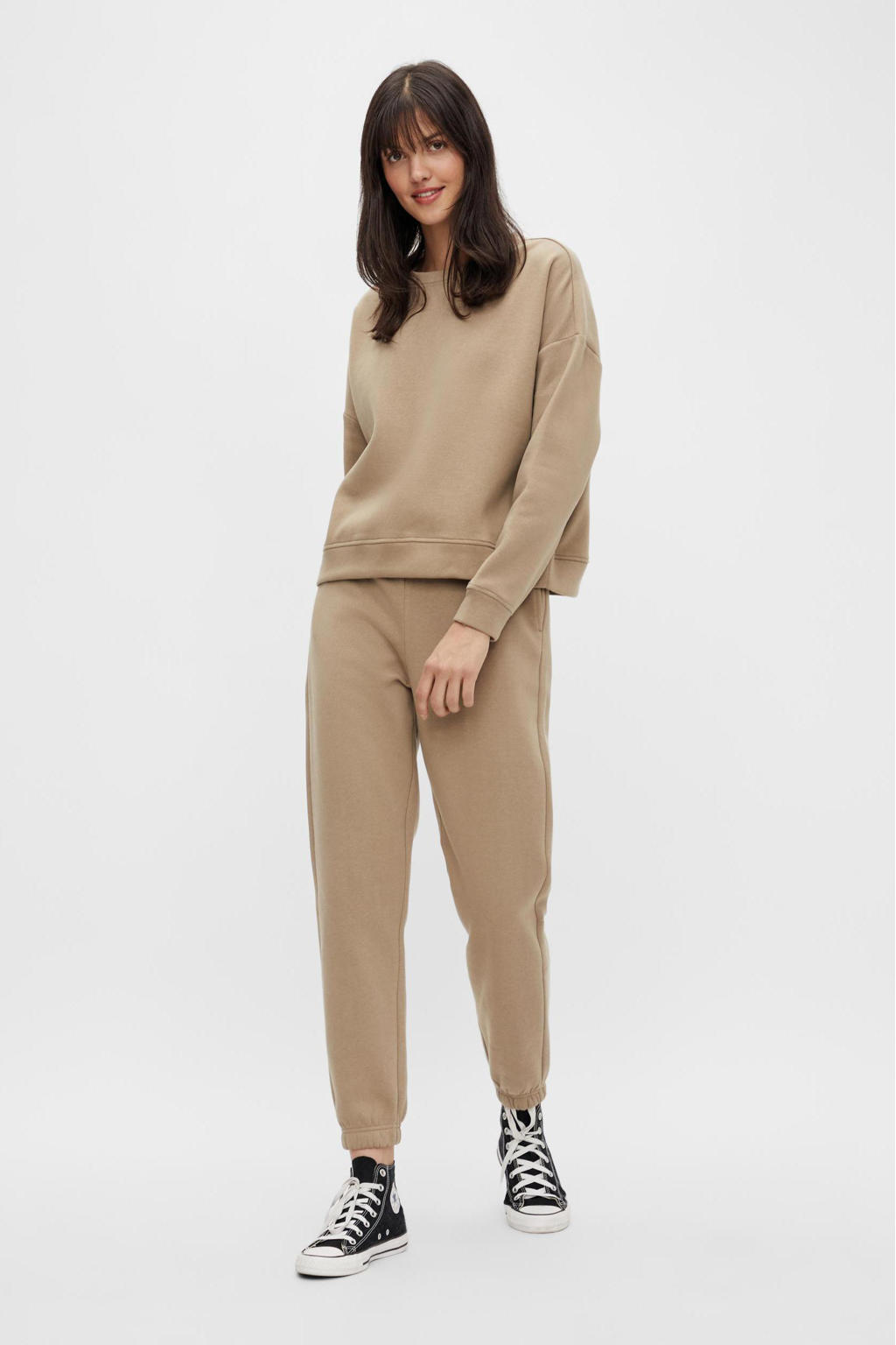 Lichtbruine dames PIECES high waist regular fit sweatpants van katoen met elastische tailleband en effen
