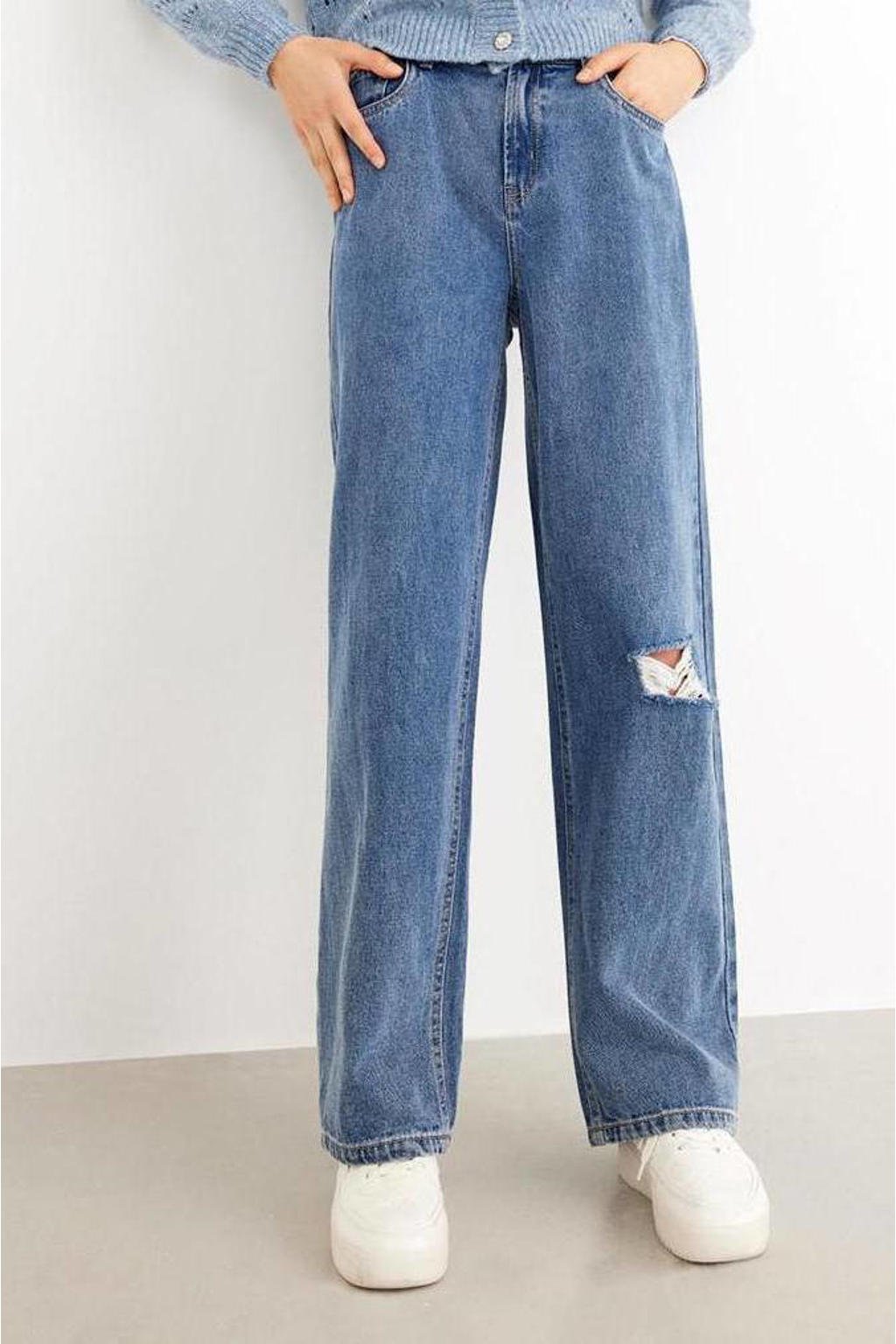 Stonewashed meisjes LMTD wide leg jeans van denim met regular waist en rits- en knoopsluiting